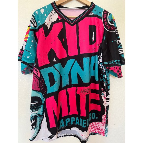 Pops Kid Dynamite Band Tee Pink Blue Short Sleeve Tshirt V-Neck Men's Large - Picture 2 of 6